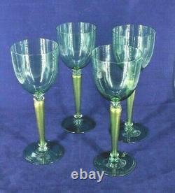 4 Murano Venetian Hand Blown Crystal Green Tall Gold Fleck Stem Wine Glasses 9