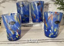 4 Murano Vetro Eseguito Blue Swirl Hand Blown Drinking Glasses 13oz Italy New