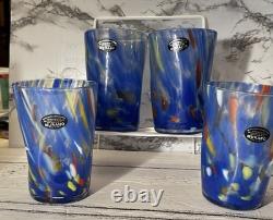 4 Murano Vetro Eseguito Blue Swirl Hand Blown Drinking Glasses 13oz Italy New