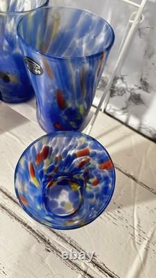 4 Murano Vetro Eseguito Blue Swirl Hand Blown Drinking Glasses 13oz Italy New