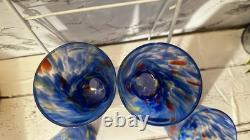 4 Murano Vetro Eseguito Blue Swirl Hand Blown Drinking Glasses 13oz Italy New