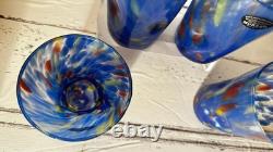 4 Murano Vetro Eseguito Blue Swirl Hand Blown Drinking Glasses 13oz Italy New