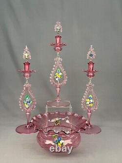 4 Pc Venetian Blown Glass Pink Console Set Bowl + 3 Candlesticks Circa 1900