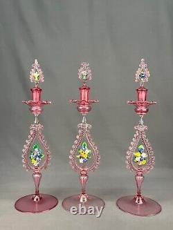 4 Pc Venetian Blown Glass Pink Console Set Bowl + 3 Candlesticks Circa 1900