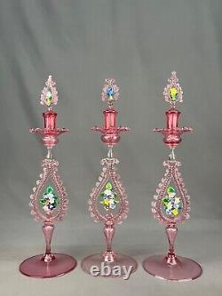 4 Pc Venetian Blown Glass Pink Console Set Bowl + 3 Candlesticks Circa 1900