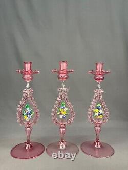 4 Pc Venetian Blown Glass Pink Console Set Bowl + 3 Candlesticks Circa 1900