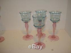 4-VENETIAN GLASS WINE GOBLET ANTIQUE STEM HAND BLOWN Pink & Blue 6 1/2
