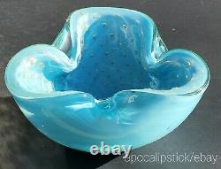 50s Alfredo Barbini Murano Bullicante Aqua Blue Bowl with Gold & Controlled Bubble