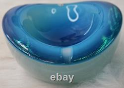 50s Glass Murano Hand Blown Blue Oval Design Glass Ashtray