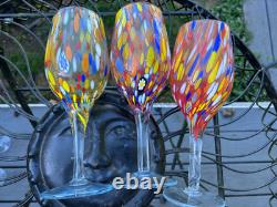 6 Hand Blown MILLEFIORI Strech All Purpose Goblets Wine Glasses Murano Style