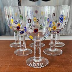 6 Leonardo Murano Millefiori Wine Water Glasses Goblets 7-1/4H Hand Blown EXC