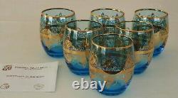 6 New Hand-blown Glasses Blue 24 Karat Gold by Vecchia Murano with Certification