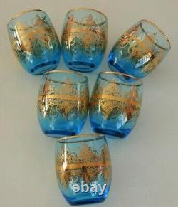 6 New Hand-blown Glasses Blue 24 Karat Gold by Vecchia Murano with Certification