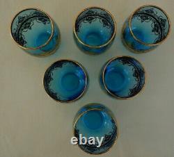 6 New Hand-blown Glasses Blue 24 Karat Gold by Vecchia Murano with Certification