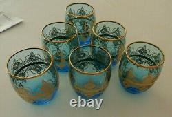 6 New Hand-blown Glasses Blue 24 Karat Gold by Vecchia Murano with Certification