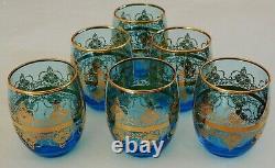 6 New Hand-blown Glasses Blue 24 Karat Gold by Vecchia Murano with Certification