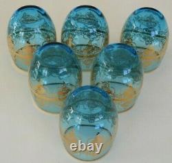 6 New Hand-blown Glasses Blue 24 Karat Gold by Vecchia Murano with Certification