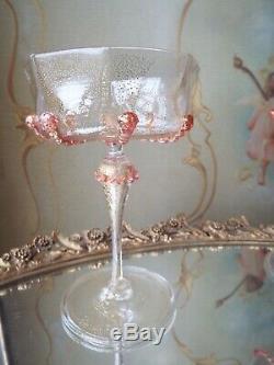 6 Salviati Murano Gold Flake Art Glass Pink Drip Prunts Champagne Goblets Stems