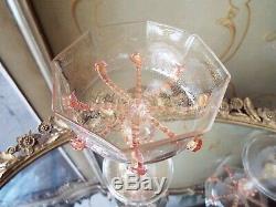 6 Salviati Murano Gold Flake Art Glass Pink Drip Prunts Champagne Goblets Stems