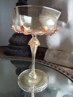 6 Salviati Murano Gold Flake Art Glass Pink Drip Prunts Champagne Goblets Stems