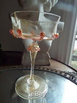 6 Salviati Murano Gold Flake Art Glass Pink Drip Prunts Champagne Goblets Stems