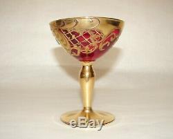 6 Venetian Murano Art Glass Tre Fuochi Style Glasses Red Gold Enamel Decor