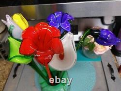 7 Vintage Hand Blown Art Glass Long Stem Flowers Colorful Bouquet Murano Italian