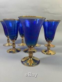 8 Hand Blown Italian Goblets Cobalt Blue and Gold Stemware