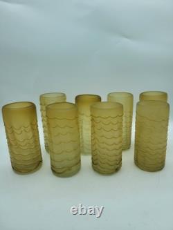 8 MCM Murano Hand Blown Amber Art Glass Highball Tumblers Applied Drape Ribbons