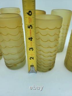 8 MCM Murano Hand Blown Amber Art Glass Highball Tumblers Applied Drape Ribbons