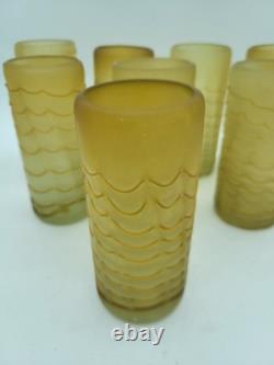 8 MCM Murano Hand Blown Amber Art Glass Highball Tumblers Applied Drape Ribbons