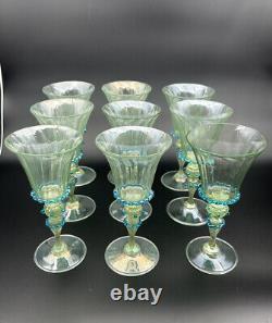 9 Venetian Murano Hand Blown Goblet Wine Glasses Green Blue Rigaree Salviati