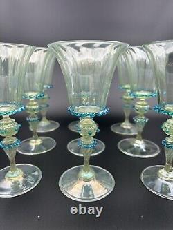 9 Venetian Murano Hand Blown Goblet Wine Glasses Green Blue Rigaree Salviati