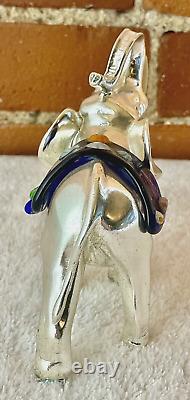 925 Sterling Silver Elephant Hand Blown Millefiori Murano Glass Paperweight 4.5