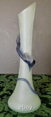 A. V. E. M. Tall Hand Blown Frosted Grey Glass with Blue-Purple Vines & Leaves 60's