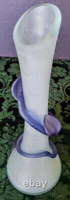 A. V. E. M. Tall Hand Blown Frosted Grey Glass with Blue-Purple Vines & Leaves 60's