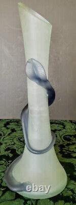 A. V. E. M. Tall Hand Blown Frosted Grey Glass with Blue-Purple Vines & Leaves 60's