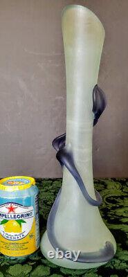 A. V. E. M. Tall Hand Blown Frosted Grey Glass with Blue-Purple Vines & Leaves 60's