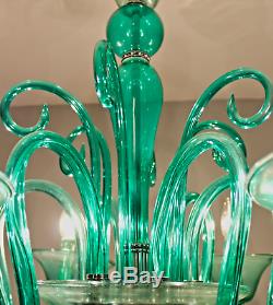 A. V. Mazzega Murano Hand Blown Emerald Glass chandelier Fine Working Cond