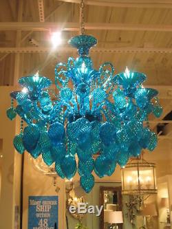 AQUA GLASS & CRYSTAL CHANDELIER, 8 Light, MURANO Style, HAND BLOWN, DRAMATIC