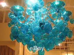 AQUA GLASS & CRYSTAL CHANDELIER, 8 Light, MURANO Style, HAND BLOWN, DRAMATIC