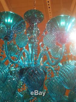 AQUA GLASS & CRYSTAL CHANDELIER, 8 Light, MURANO Style, HAND BLOWN, DRAMATIC