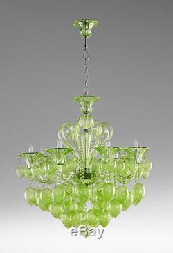 AQUA GLASS & CRYSTAL CHANDELIER, 8 Light, MURANO Style, HAND BLOWN, DRAMATIC