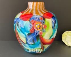 Abstract Millefiori Murano Italy Hand Blown Art Glass 10 Vase Turquoise Red