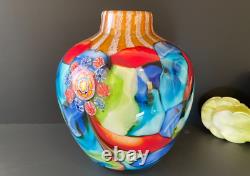 Abstract Millefiori Murano Italy Hand Blown Art Glass 10 Vase Turquoise Red