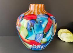 Abstract Millefiori Murano Italy Hand Blown Art Glass 10 Vase Turquoise Red
