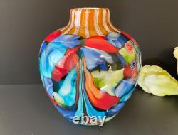 Abstract Millefiori Murano Italy Hand Blown Art Glass 10 Vase Turquoise Red