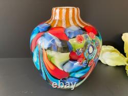 Abstract Millefiori Murano Italy Hand Blown Art Glass 10 Vase Turquoise Red