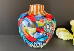 Abstract Millefiori Murano Italy Hand Blown Art Glass 10 Vase Turquoise Red