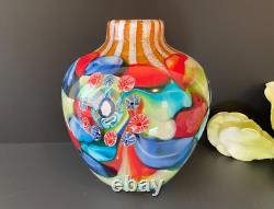 Abstract Millefiori Murano Italy Hand Blown Art Glass 10 Vase Turquoise Red
